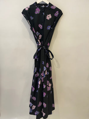 Prada Black and Purple Floral Printed Midi Shirt Dress with Belt Size IT 42 (UK 10)