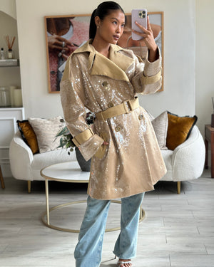 David Koma Beige Sequin Belted Trench Coat Size UK 8