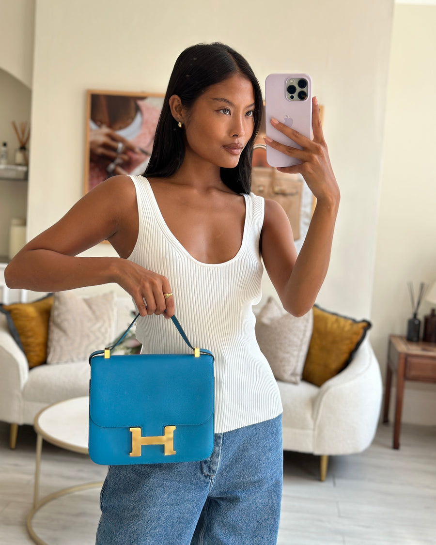 *FIRE PRICE* Hermès Constance 24cm Bag in Bleu Mykonos Evercolour Leather with Gold Hardware