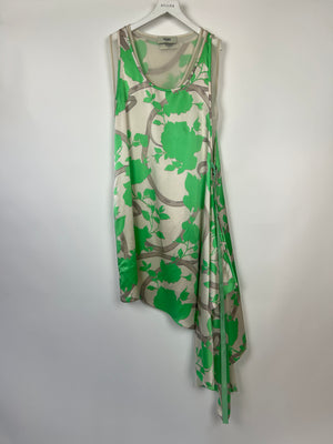 Fendi Green Leaf Print Asymmetric Midi Dress with Waist Tie Detail Size IT 40 (UK 8)