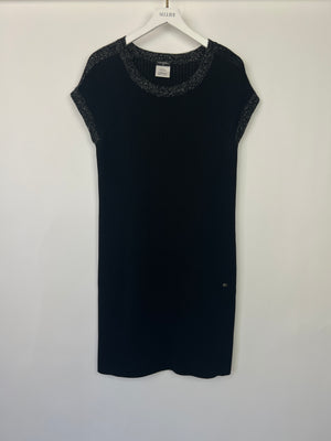 Chanel 12P Black Knitted Short-Sleeve Dress with White Trim Detail FR 40 (UK 12)