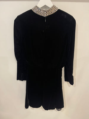 Saint Laurent Black Suede Long-Sleeve Mini Dress with Crystal Embellished Collar Detail Size FR 36 (UK 8)