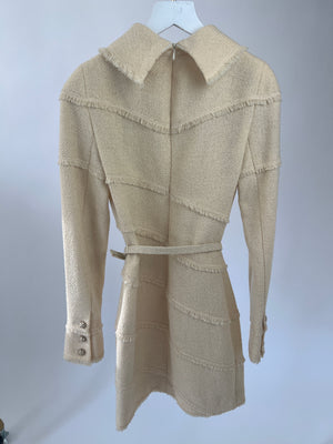 Chanel A/08 Cream Tweed Long Sleeve Diagonal Belted Dress with Collar Detailing FR 34 (UK 6)