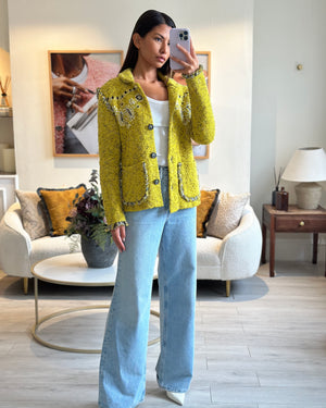 Alanui Yellow Long Sleeve Paisley Print Jacket with Frayed Edges and Pocket Detail Size S (UK 8)