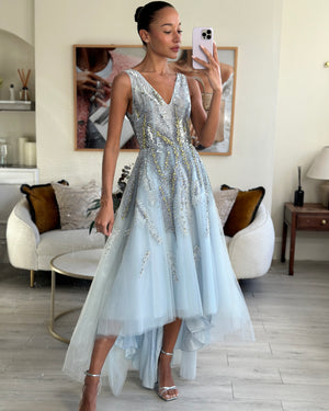 Zuhair Murad Baby Blue Silk Tulle Gown Dress with Sequin and Crystal Embellishments Size FR 36 (UK 8)