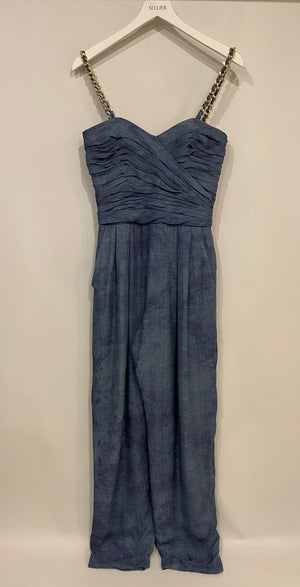 Balmain Denim Blue Silk Jumpsuit with Gold Chain-Straps and Buttons Detail Size FR 38 (UK 10)