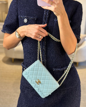 *HOT COLOUR* Chanel Baby Blue Quilted Trendy Wallet on Chain Bag in Lambskin Leather with Champagne Gold Hardware