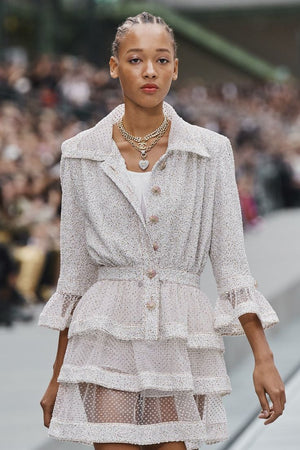 *RUNWAY* Chanel Spring/Summer 2020 Beige Long Sleeve Dress with Mesh Polkadot 
CC Buttons Details Size FR 36 (UK 8)