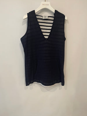 Chanel 09P Navy and White Sleeveless Hoodie Top with Logo Details Size FR 42 (UK 14)