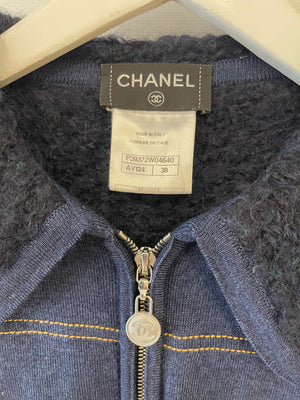 Chanel Navy Alpaca Zipped Gilet with Silver CC Buttons Size FR 38 (UK 10)