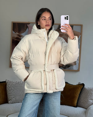 IENKI IENKI Cream Hooded Puffer Coat with Shearling Trim Detail Size S (UK 8-10)RRP £1,500