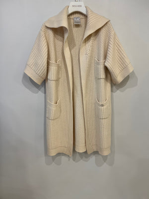 Chanel Cream Cashmere Knit Short Sleeve Cardigan with CC Logo Detail and Pockets Size FR 40 (UK 12)