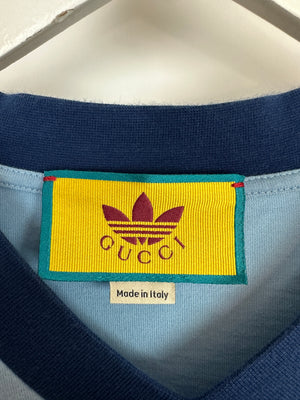 Gucci X Adidas Light Blue Logo V Neck T-Shirt Size IT M (UK 10)