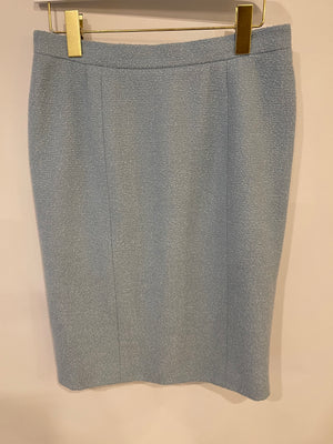 Chanel 96C Baby Blue Tweed Midi Skirt with CC Logo Button Details Size FR 44 (UK 16)