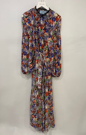 Prada Purple 
Red Floral Long Sleeve Maxi Dress with Belt Detail Size IT 40 (UK 8)