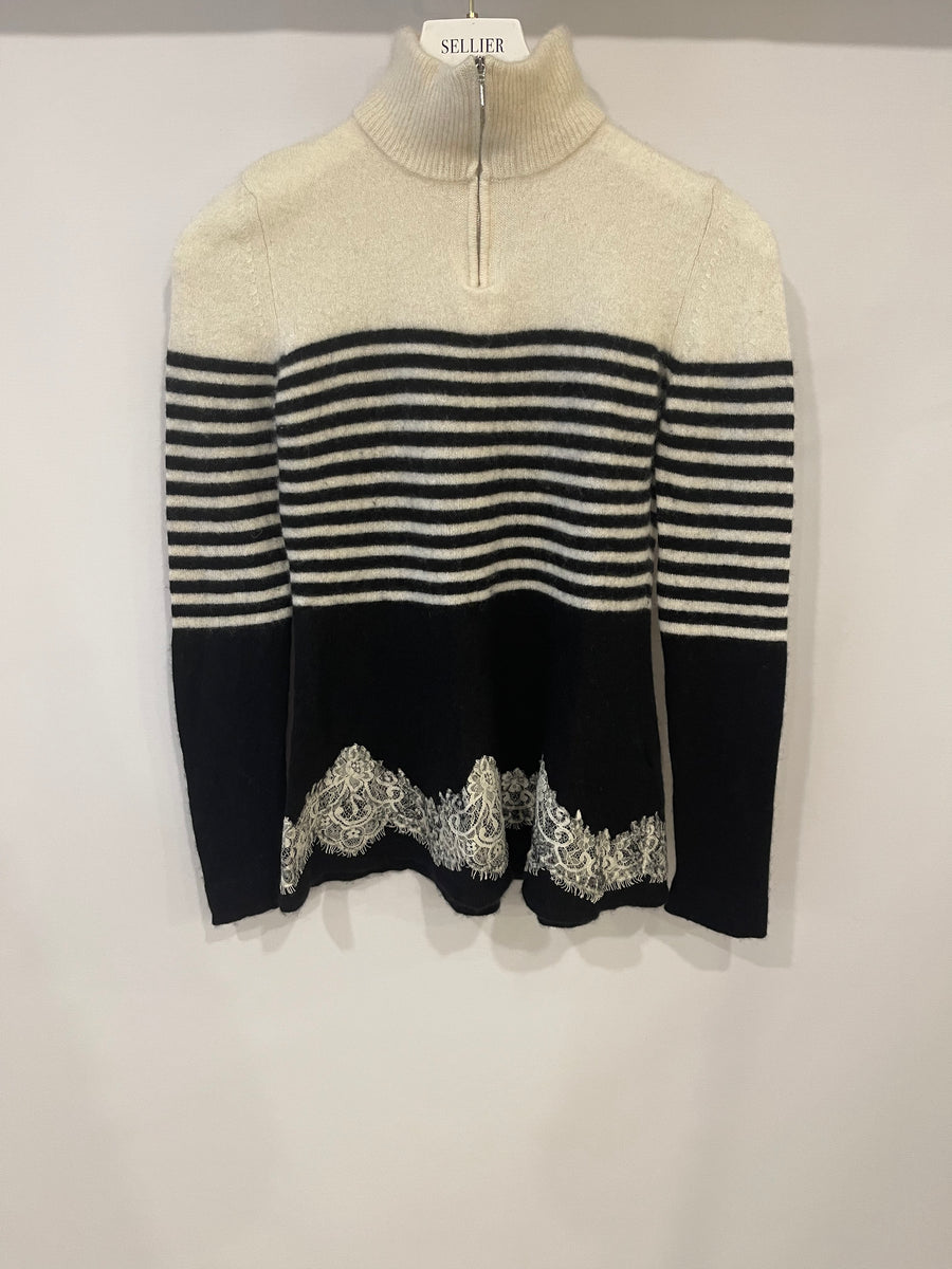 Ermanno Scervino Black and White Striped Cashmere Jumper with Lace Details Size IT 38 (UK 6)