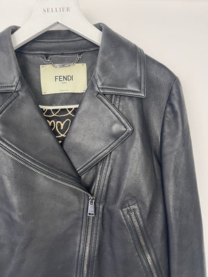 Fendi Black Lambskin Leather Jacket with Printed Lining Detail Size IT 38 (UK 6)