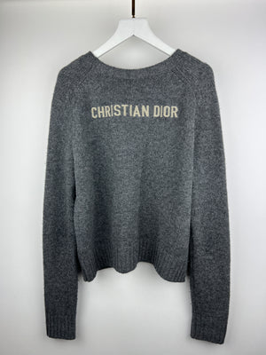 Christian Dior Grey Cashmere Long Sleeve Jumper with Logo Detail Size FR 36 (UK 8)