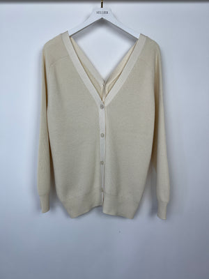 Hermès Cream Rib Knit Long Sleeve V-Neck Cardigan with Front and Back Buttons Size FR 40 (UK 12)