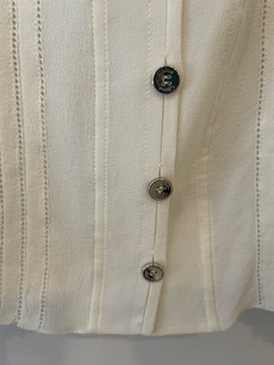 Chloé White Silk Cardigan Top with Embroideries and Silver Buttons Size FR 36 (UK 8)