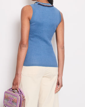 Chanel Blue Ribbed Knit Sleeveless Top With Red, White 
Blue Tweed Embroidered Trim and CC Button Detail FR 36 (UK 8)