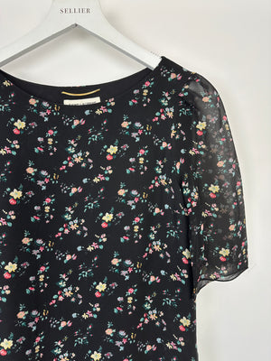 Saint Laurent Black Floral Print Short Sleeve Silk Dress With Ruffle Detail Size FR 36 (UK 8)