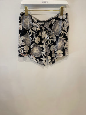 Chanel Black and White Abstract Printed Open-Back Silk Top and Shorts Set with CC Logo Details Size FR 36 (UK 8)