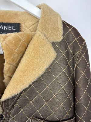 Chanel Brown Quilted Stitch Shearling Zip -Up Jacket With Double Collar Detail FR 36 (UK 8)