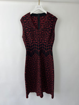 Alaïa Black and Red Geometric Knit Sleeveless A-Line Midi Dress with V-Neckline Size FR 42 (UK 14)