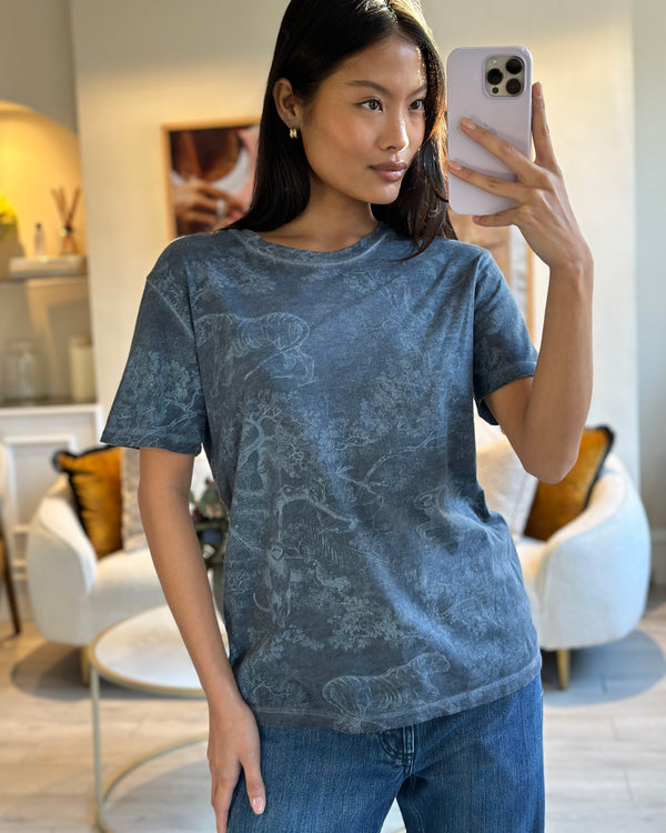 Christian Dior Blue Round Neck Toile De Jouy Print T-Shirt Size S (UK 8)