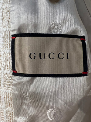 Gucci Pre-Fall 2023 Cream Collarless Tweed Jacket with Red Ribbon Trim Size IT 36 (UK 4)