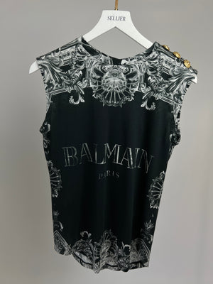 Balmain Black, White Printed Vest Top with Gold Button Detail Size FR 36 (UK 8)