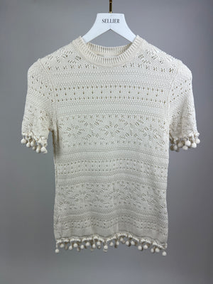 Zimmermann Cream Crochet Short Sleeve Top with Pom Pom Hem Size 1 (UK 10)