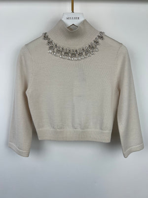 Zimmermann Cream Cropped Knit High Neck Jumper with Crystal Neck Line Embellishment Detail Size OP/XS (UK 6/8) RRP £550