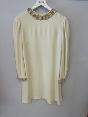 Miu Miu Cream Long-Sleeve Midi Dress with Crystal Embellishments Size IT 42 (UK 10)