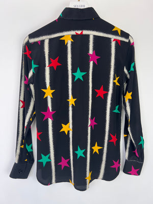 Saint Laurent Black Long-sleeve Silk Shirt With Multicolour Star Print Size FR 36 (UK 8)