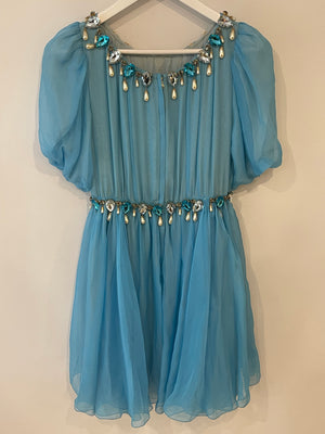 Dolce 
Gabbana Light Blue Silk Mini Dress with Crystal and Pearl Pendants Size IT 42 (UK 10)