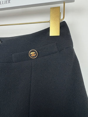 Chanel Black Pleated Panel Skirt with Gold CC Back Pocket Button Detail Size FR 36/38 (UK 8-10)