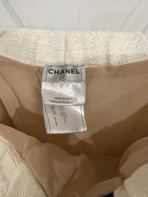 Chanel Cream Tweed Mini Dress with Tulle Frayed Details and Black Crystal Star Buttons Size FR 40 (UK 12)