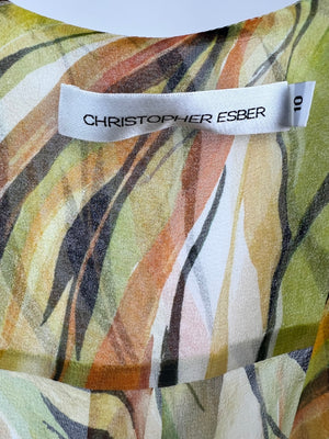 Christopher Esber Green, Brown Orange Sheer Printed Silk Shirt Dress Size UK 10