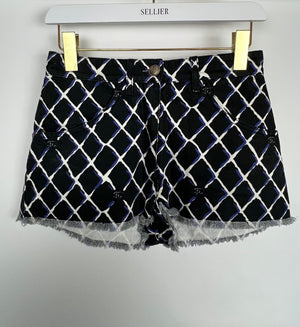 Chanel Black Denim Mini Shorts with Quilted Print in Blue 
White with Anchor Button Detail Size FR 34 (UK 6)