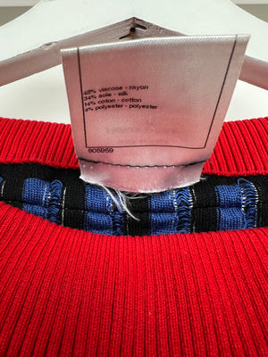 Chanel SS13 Red Knit Jumper with Pearl Pockets 
Blue and White Window Detail Size FR 36 (UK 8)