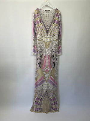 Roberto Cavalli Long Sleeve Multicolour Gown with Aztec Print Detail Size IT 42 (UK 10)