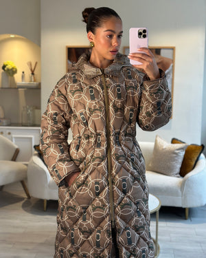 Hermès Beige and Green Reversible Long-Line Puffer Coat with Polka Dot and Chain Print FR 36 (UK 8)