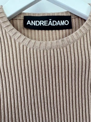 Andreadamo Beige Ribbed Cropped T-Shirt and Mini Skirt Set with Buttons Size S (UK 8)