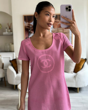 Chanel Pink Lambskin Leather Perforated Short-Sleeve Tunic Top with CC Logo Size FR 36 (UK 8)