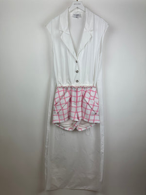 *HOT* Chanel Resort 2023 White Shirt Playsuit with Checked Pink Detachable Shorts 
Long Train Detail Size FR 34 (UK 6)