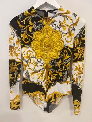 Versace Black, White and Gold Baroque Print Long-Sleeve Bodysuit Size IT 42 (UK 10)