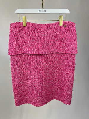 *HOT* Chanel 21C Pink Tweed Jacket and Skirt Set with CC Logo Buttons Size FR 42 (UK 14)