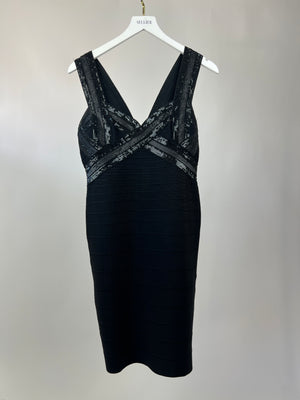 Herve Leger Black Bandage Sequin Sleeveless Dress Size L (UK 12-14)